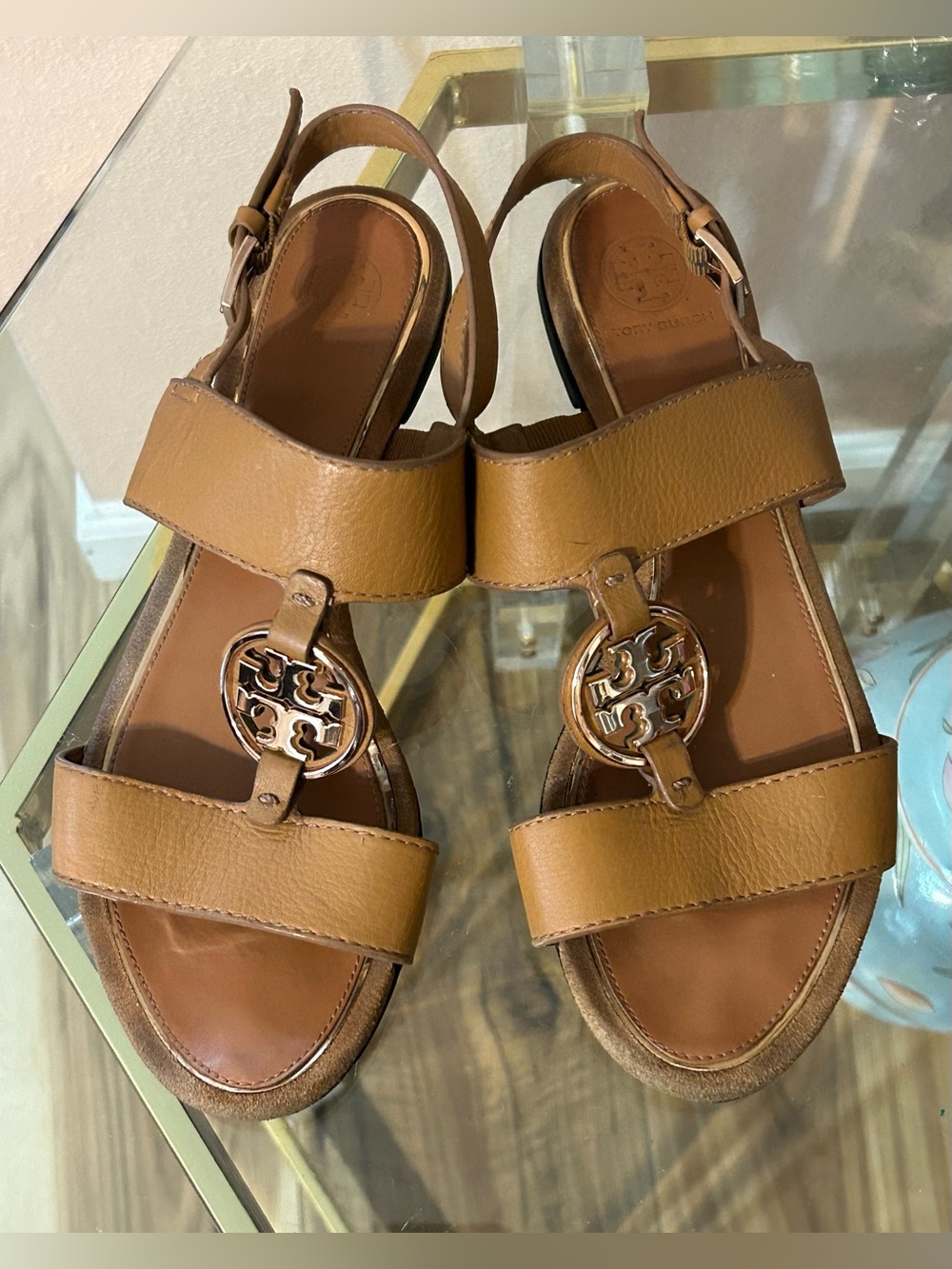 Tory Burch Tan Brown Leather Sandals With Logo Strap Size 9